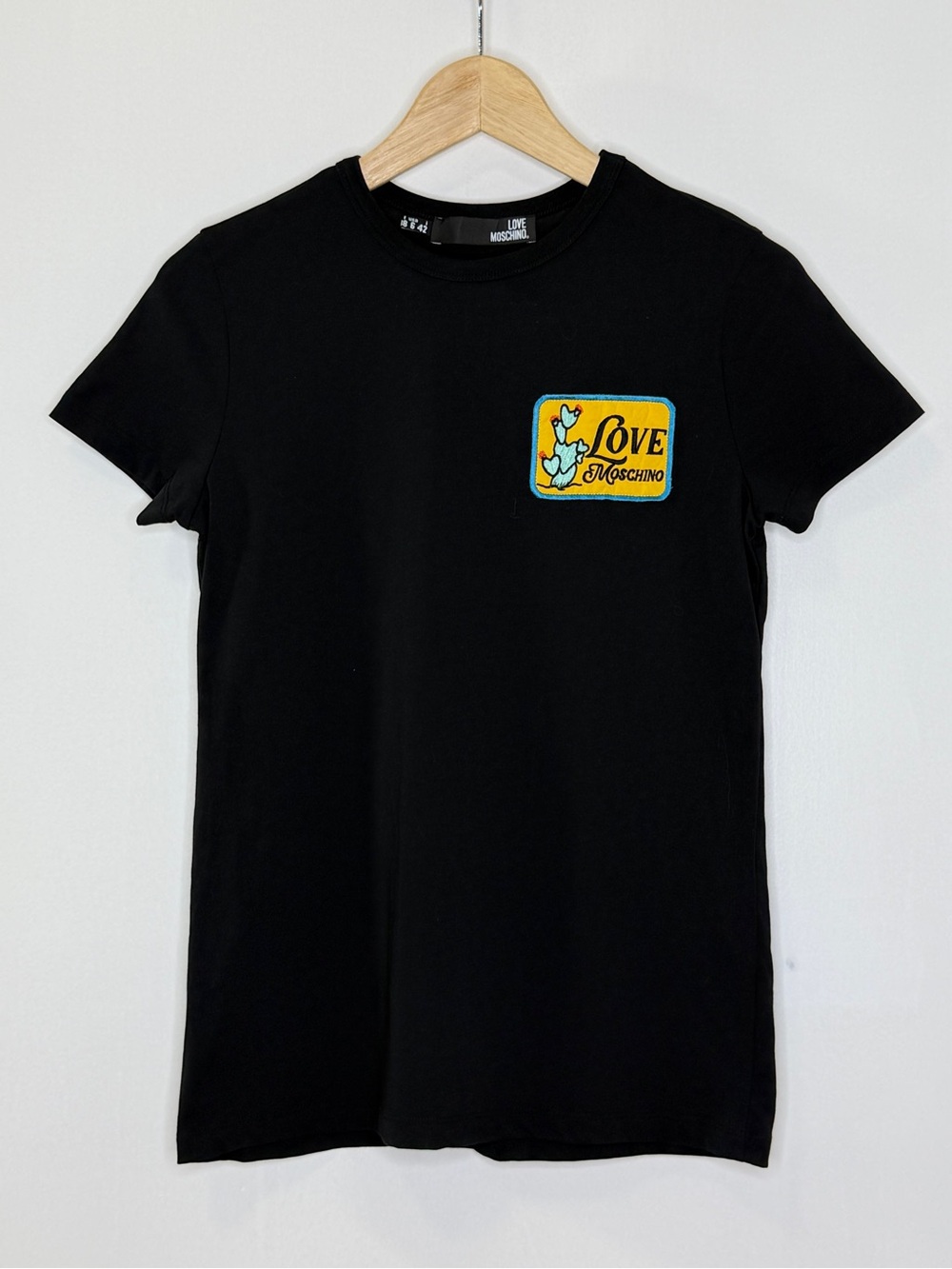 Love Moschino Patch Logo Short Sleeve Top Womens US6 Medium Black Slim Fit